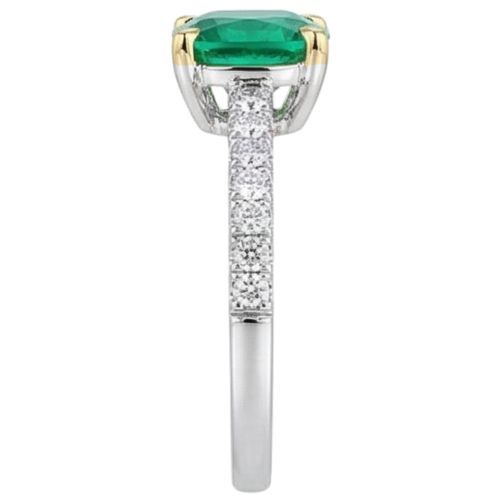 Cushion Fine Emerald ring in 14K Two Tone Gold – profile view