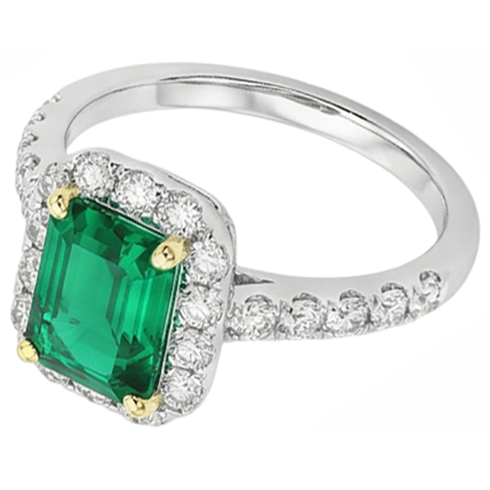 Genuine Emerald Gemstone Ring 2 ct 14 Karat Two Tone Gold – front view