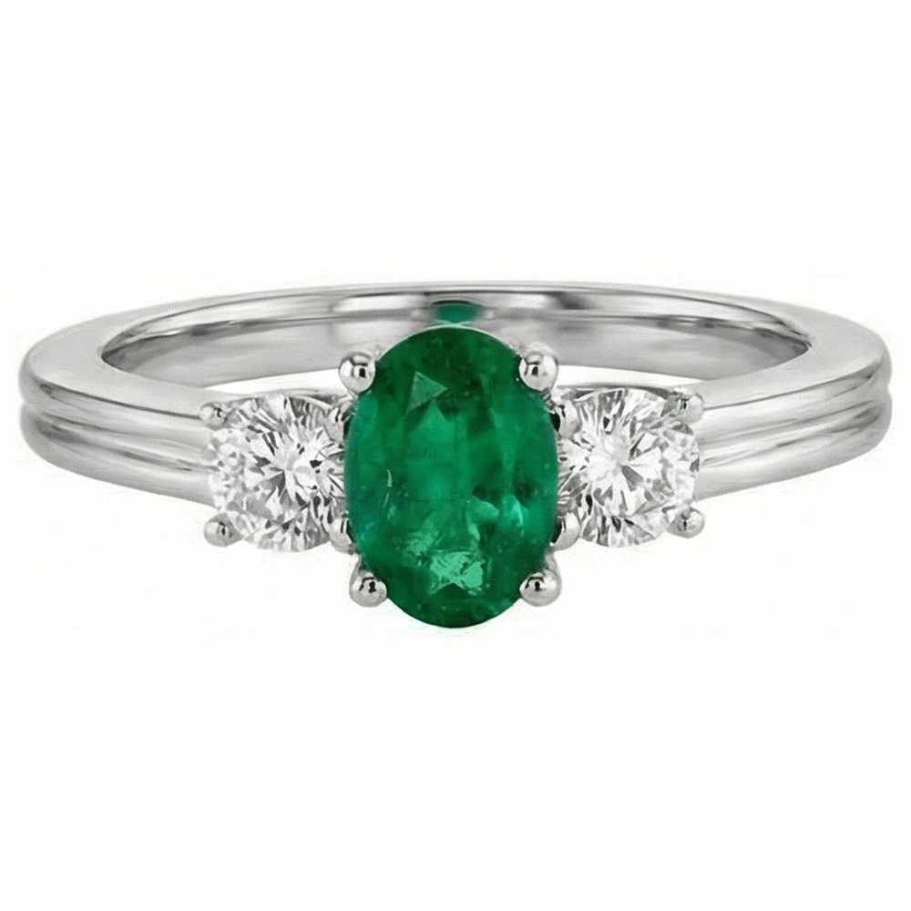 Green Emerald With Natural Earth Mined Diamond ( Not Lab Grown )  Engagement Ring 3 Stone Prong Set 2.50 Ct. WG 14K