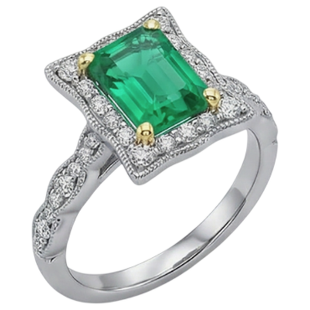 Step Cut Fine Emerald ring in 14 Karat Two Tone Gold – front view