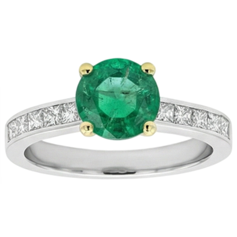 Fine Emerald Round Cut Colored Stone Ring in 14 Karat Two Tone Gold – front view