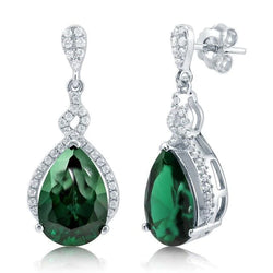 Green Emerald And Natural Earth Mined Diamond Dangle Earrings Prong Set 6.70 Carat White Gold 14K