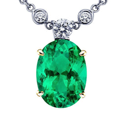 Oval Fine Emerald Precious Stone Pendant in 14 Karat Two Tone
