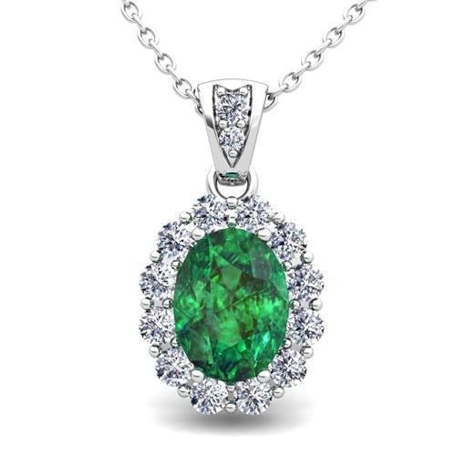 Green Emerald With Diamond Gemstone Pendant Necklace 7.85 Carat WG 14K