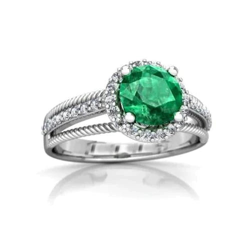 Green Emerald With Diamonds 3.60 Carats Wedding Ring 14K White Gold