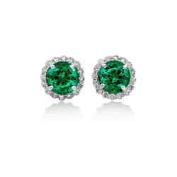 Green Emerald With Diamonds 5.80 Carats Stud Halo Earring White Gold 14K