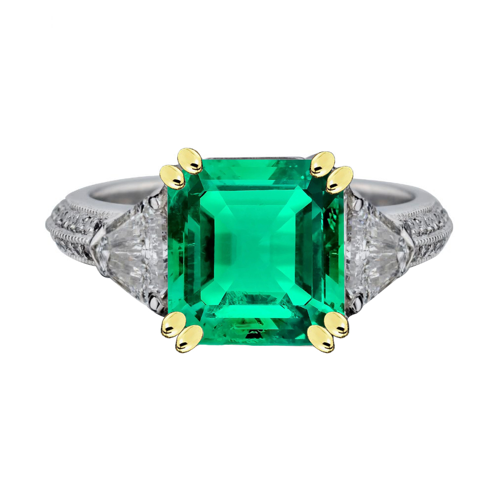 Fine Emerald Step Cut Precious Stone Ring in 14 Karat Two Tone Gold – main view