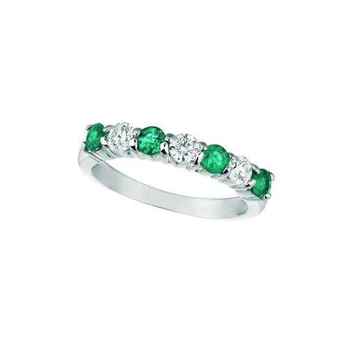 Green Emerald & Lab Grown Diamond 7 Stone Eternity Band 0.70 Carats 14K White Gold