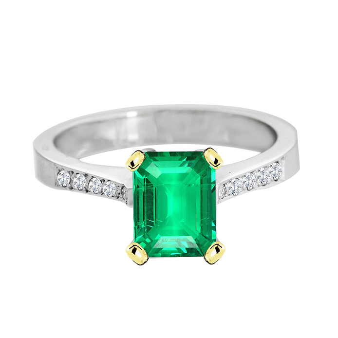 Colombian Emerald Emerald Cut Gemstone Ring in 14 Karat Two Tone Gold – main view