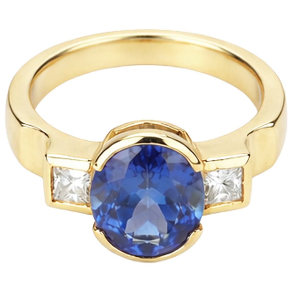 Half Bezel 2.10 Carat Tanzanite And Natural Earth Mined Diamond ( Not Lab Grown ) s 3-Stone Ring Gemstone