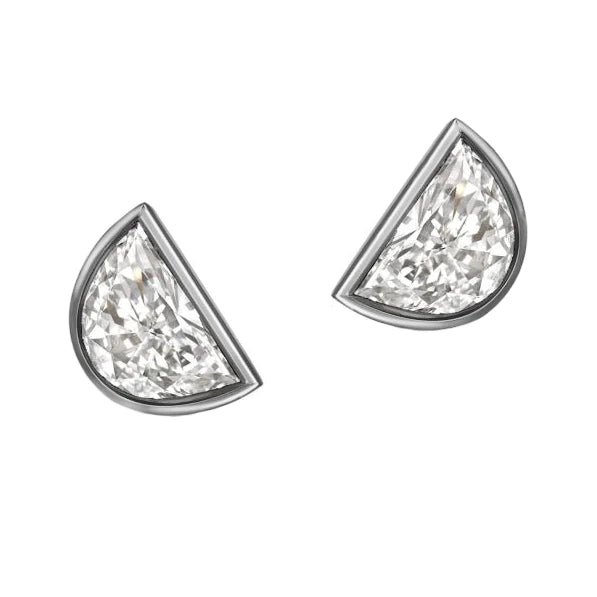 Half Moon Real Diamond Stud Earrings White Gold Bezel Set 2 Carats