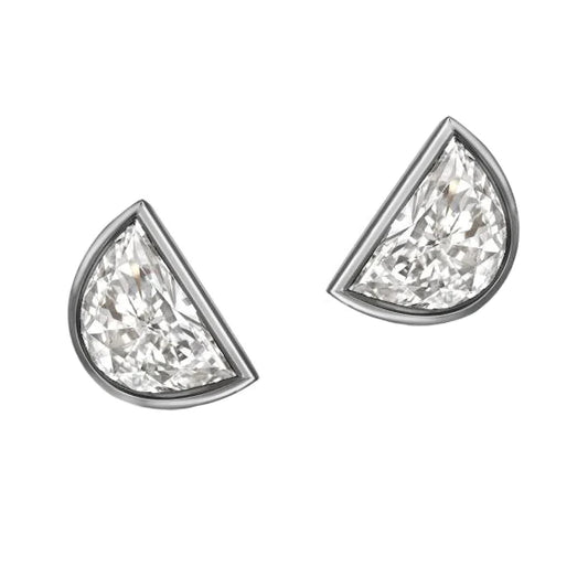 Half Moon Real Diamond Stud Earrings White Gold Bezel Set 2 Carats