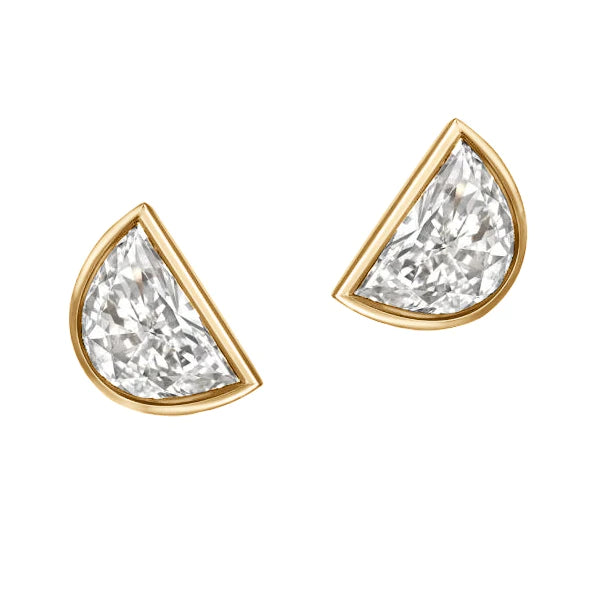 Half Moon Real Diamond Stud Earrings White Gold Bezel Set 2 Carats