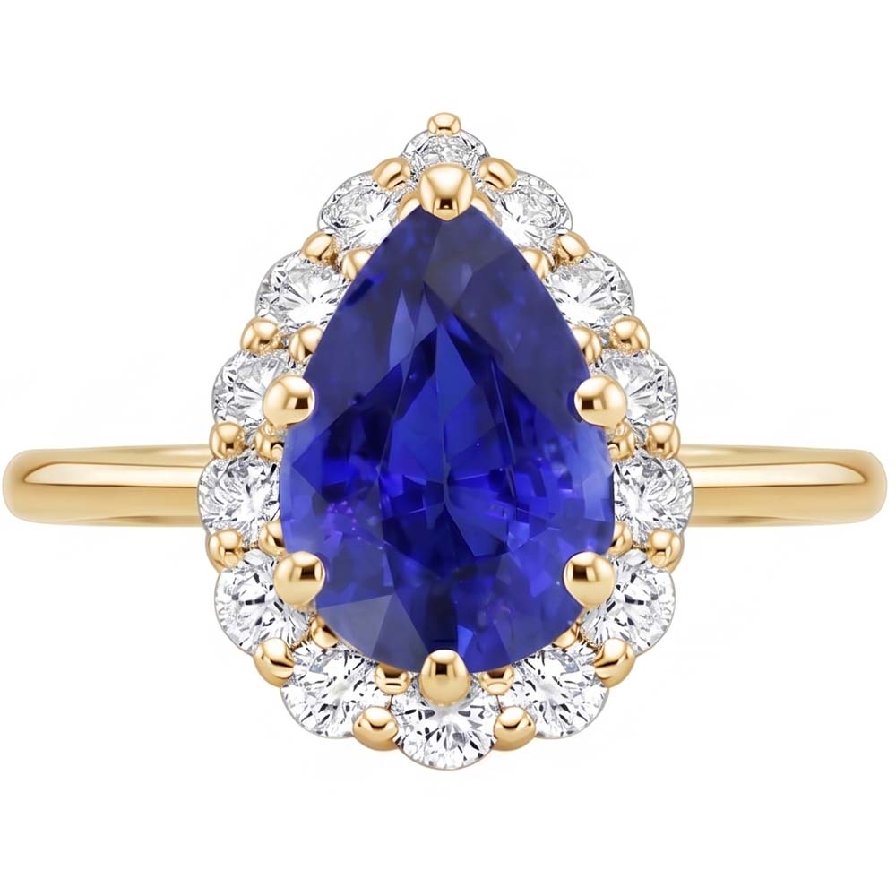 Halo Anniversary Ring Pear Ceylon Sapphire & Natural Earth Mined Diamond ( Not Lab Grown )s 3.50 Carats
