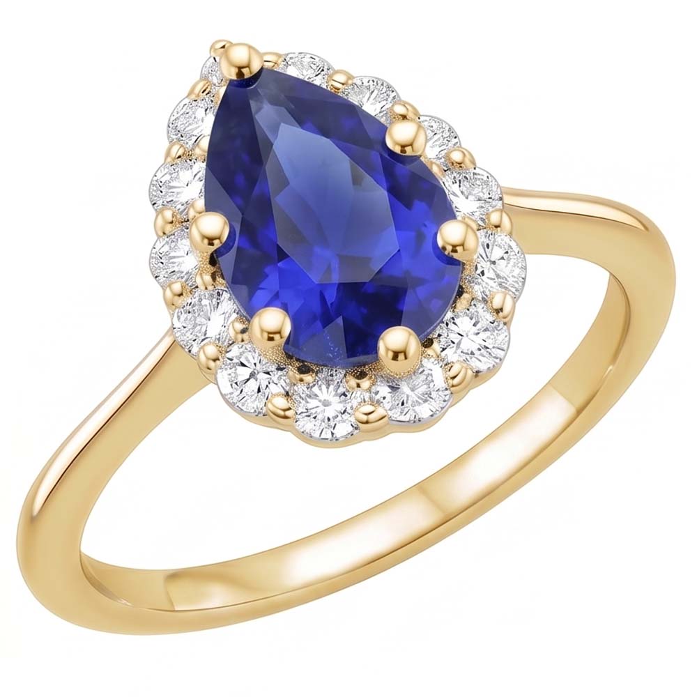 Halo Anniversary Ring Pear Ceylon Sapphire & Natural Earth Mined Diamond ( Not Lab Grown )s 3.50 Carats