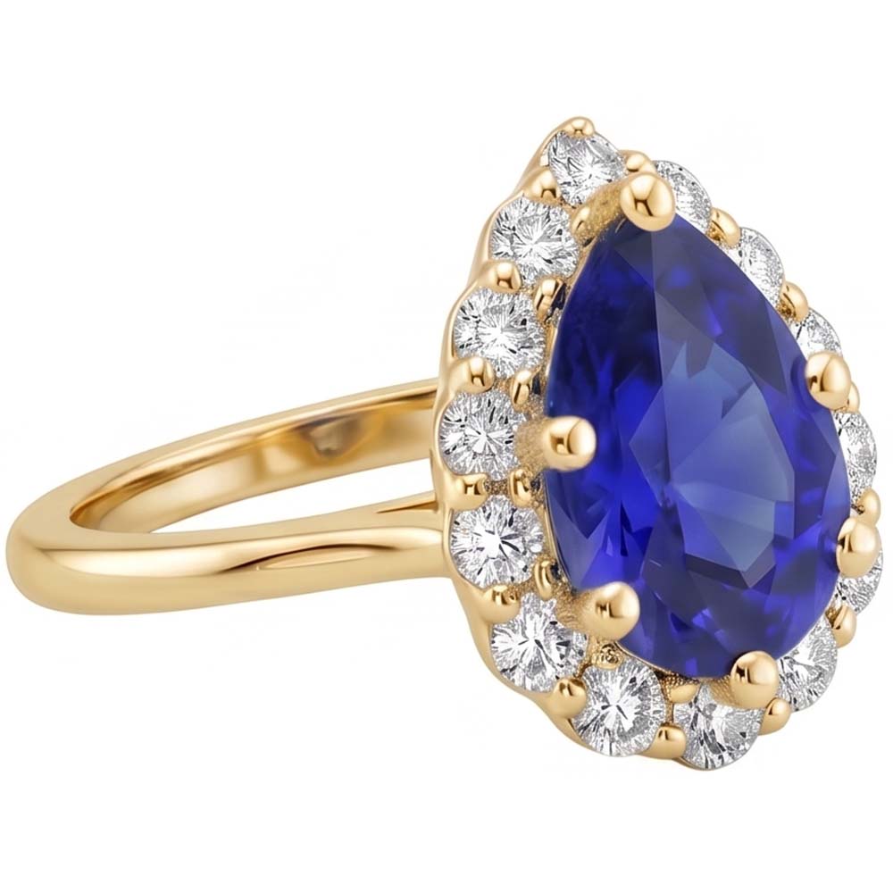 Halo Anniversary Ring Pear Ceylon Sapphire & Natural Earth Mined Diamond ( Not Lab Grown )s 3.50 Carats