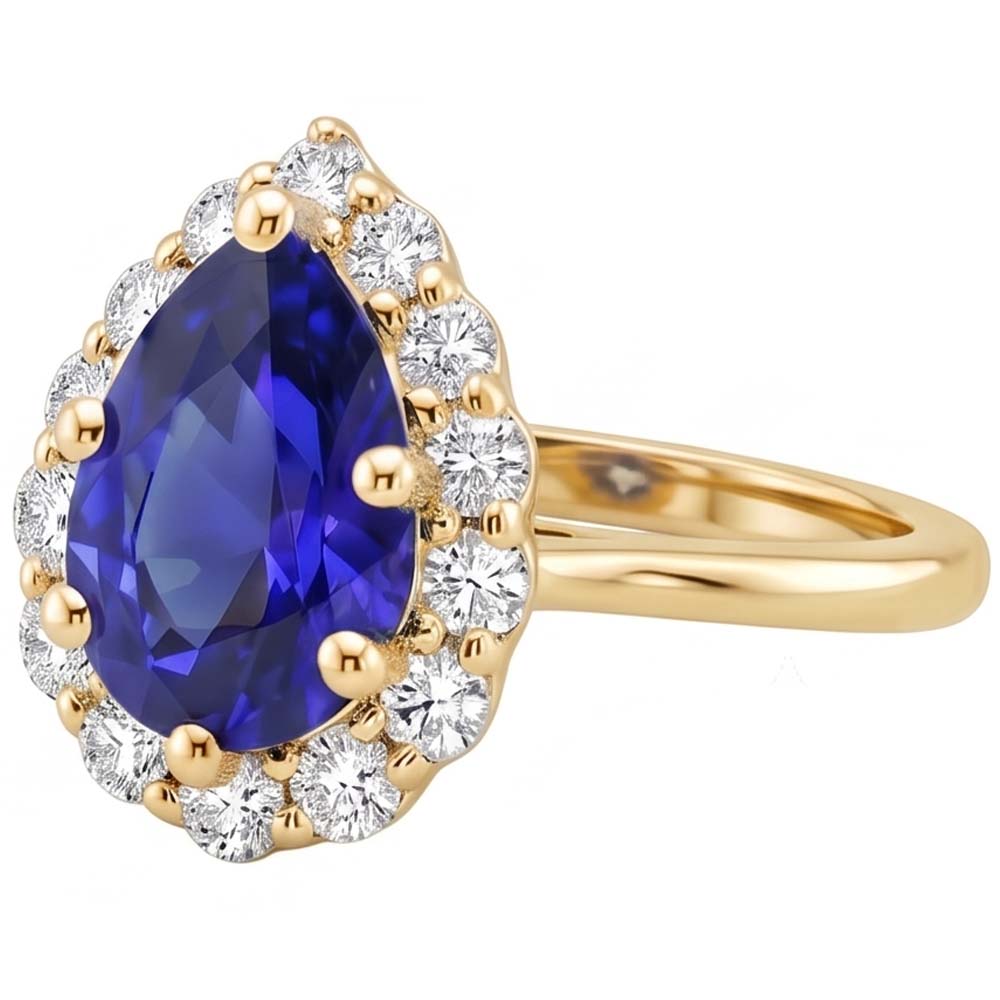 Halo Anniversary Ring Pear Ceylon Sapphire & Natural Earth Mined Diamond ( Not Lab Grown )s 3.50 Carats