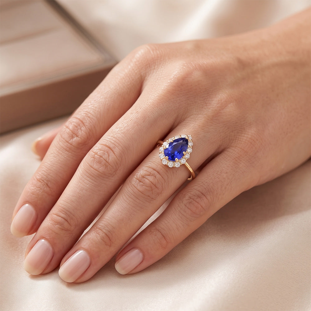 Halo Anniversary Ring Pear Ceylon Sapphire & Natural Earth Mined Diamond ( Not Lab Grown )s 3.50 Carats