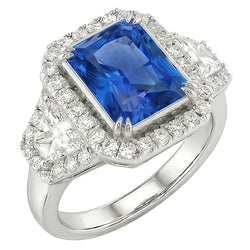 Halo Bezel Set Blue Sapphire Ring 4.50 Carats Trapezoid & Round Natural Earth Mined Diamond ( Not Lab Grown ) ( Not...
