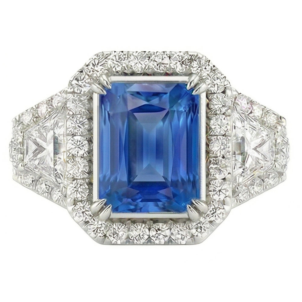 Halo Bezel Set Blue Sapphire Ring 4.50 Carats Trapezoid & Round Natural Earth Mined Diamond ( Not Lab Grown ) ( Not...