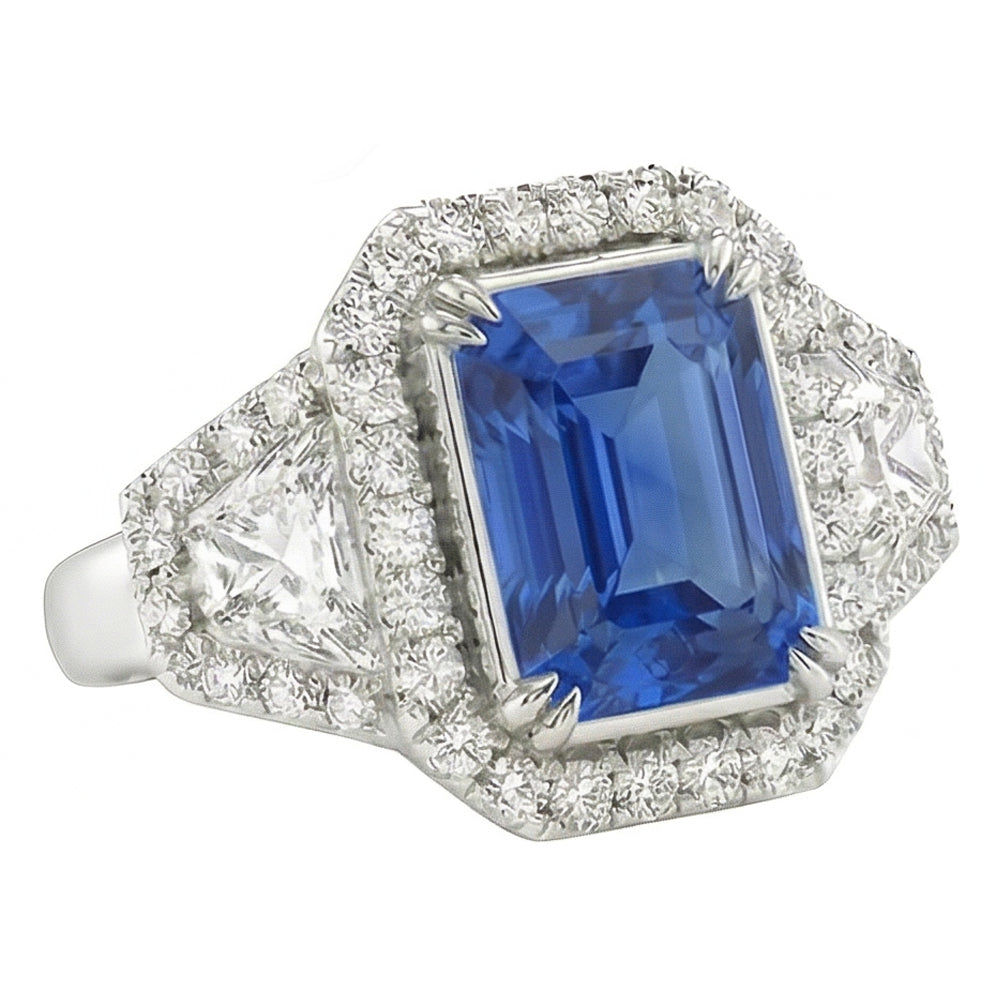 Halo Bezel Set Blue Sapphire Ring 4.50 Carats Trapezoid & Round Natural Earth Mined Diamond ( Not Lab Grown ) ( Not...