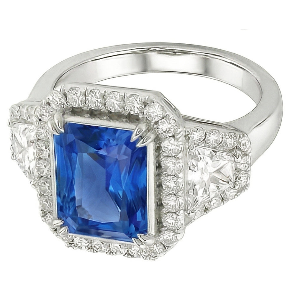 Halo Bezel Set Blue Sapphire Ring 4.50 Carats Trapezoid & Round Natural Earth Mined Diamond ( Not Lab Grown ) ( Not...