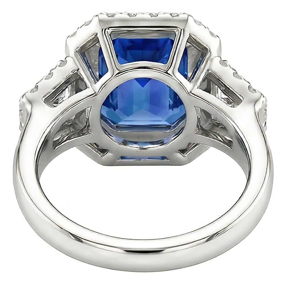 Halo Bezel Set Blue Sapphire Ring 4.50 Carats Trapezoid & Round Natural Earth Mined Diamond ( Not Lab Grown ) ( Not...