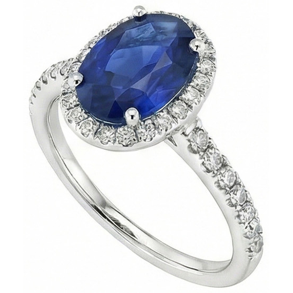 Halo Blue Sapphire And Natural Earth Mined Diamond ( Not Lab Grown )  Engagement Ring 2.25 Carat Gold 14K