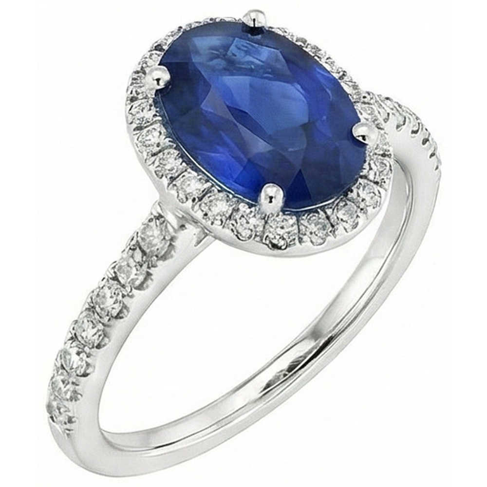 Halo Blue Sapphire And Natural Earth Mined Diamond ( Not Lab Grown )  Engagement Ring 2.25 Carat Gold 14K
