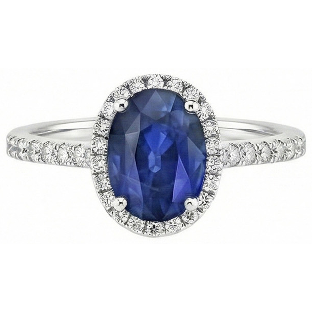 Halo Blue Sapphire And Natural Earth Mined Diamond ( Not Lab Grown )  Engagement Ring 2.25 Carat Gold 14K