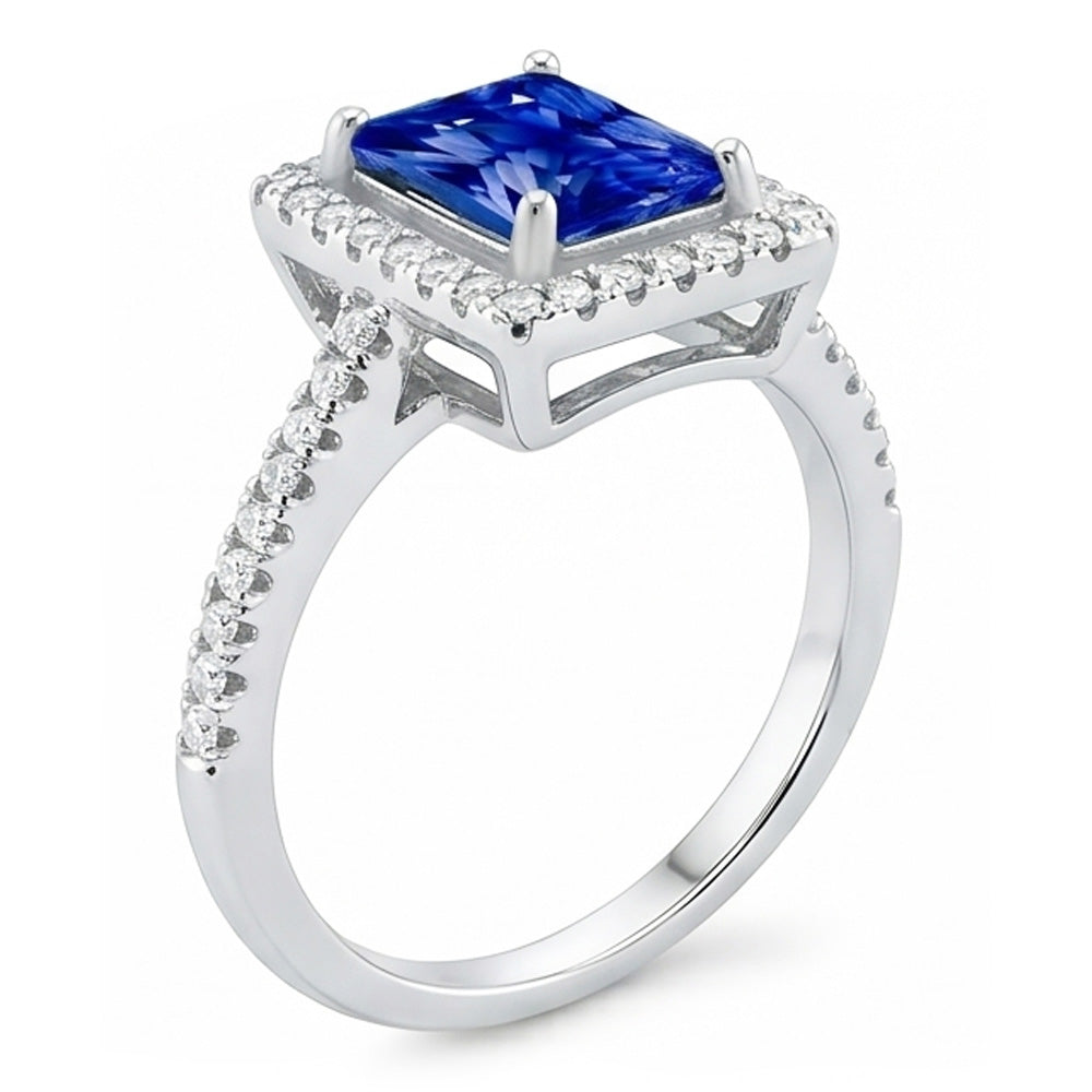 Halo Blue Sapphire Engagement Ring Radiant & Natural Earth Mined Diamond ( Not Lab Grown )s 3.50 Carats