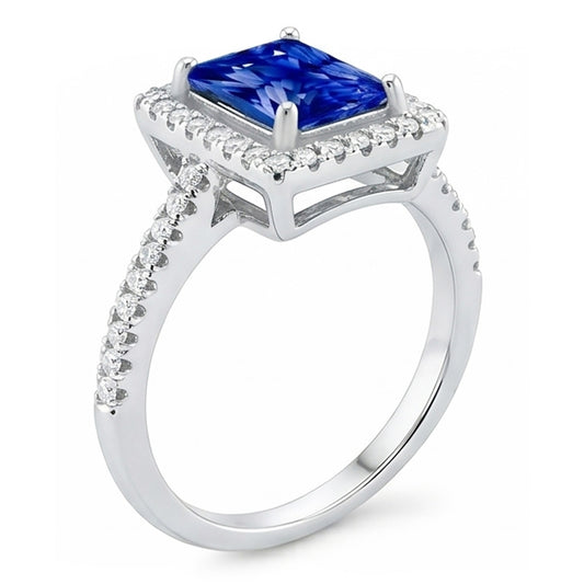 Halo Blue Sapphire Engagement Ring Radiant & Natural Earth Mined Diamond ( Not Lab Grown )s 3.50 Carats