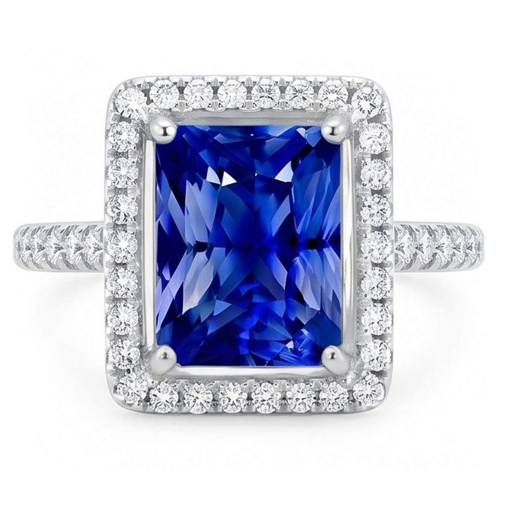 Halo Blue Sapphire Engagement Ring Radiant & Natural Earth Mined Diamond ( Not Lab Grown )s 3.50 Carats