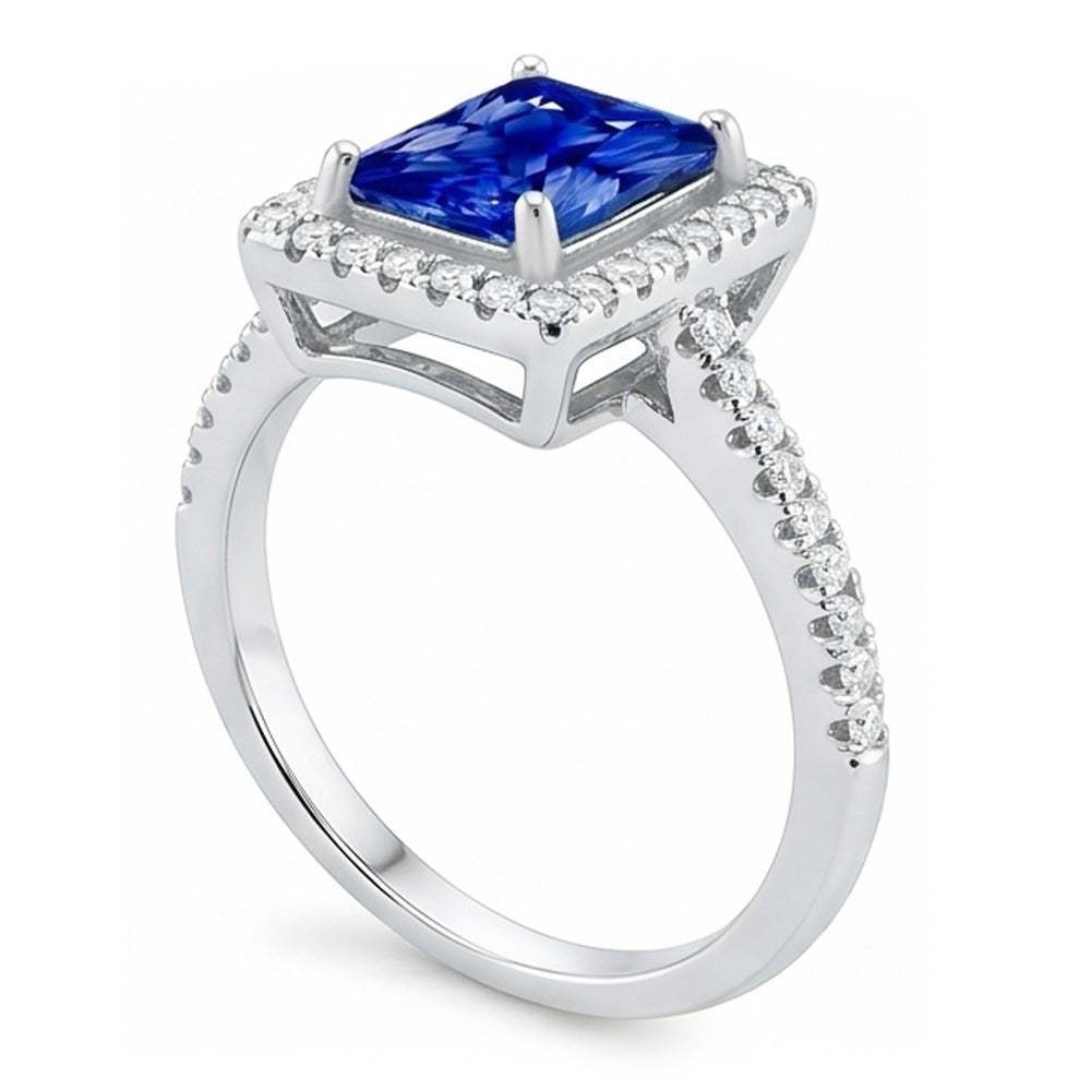 Halo Blue Sapphire Engagement Ring Radiant & Natural Earth Mined Diamond ( Not Lab Grown )s 3.50 Carats