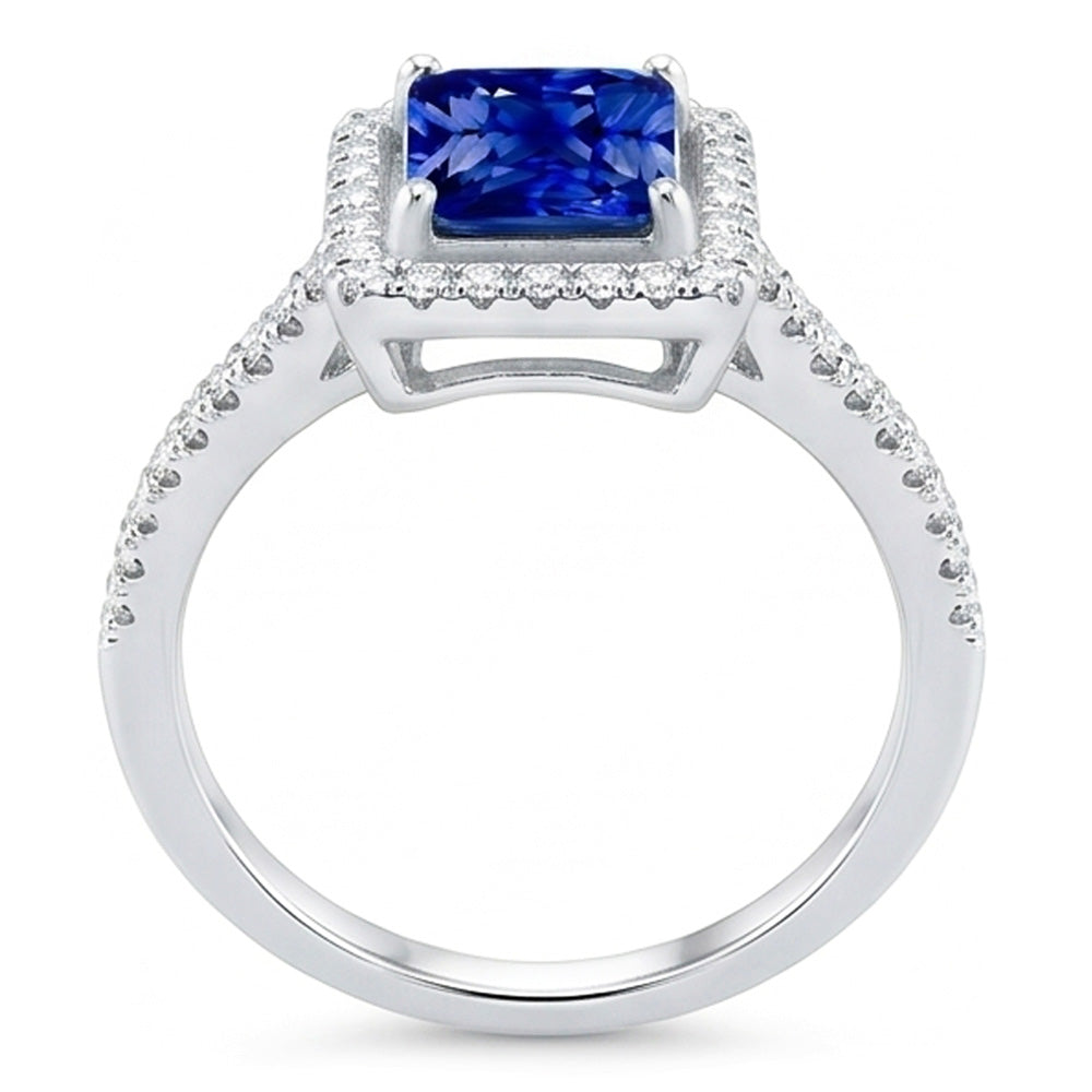 Halo Blue Sapphire Engagement Ring Radiant & Natural Earth Mined Diamond ( Not Lab Grown )s 3.50 Carats
