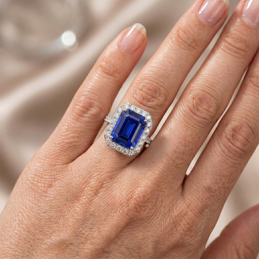 Halo Blue Sapphire Natural Earth Mined Diamond ( Not Lab Grown ) Ring With Accents 10.25 Carats