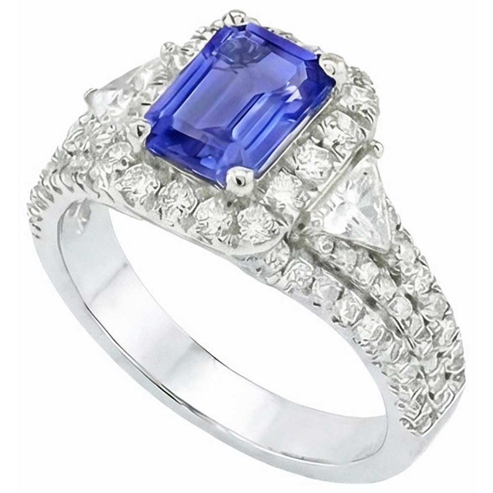 Halo Blue Sapphire Ring 3 Stone Style Emerald & Natural Earth Mined Diamond ( Not Lab Grown )s 3.50 Carats