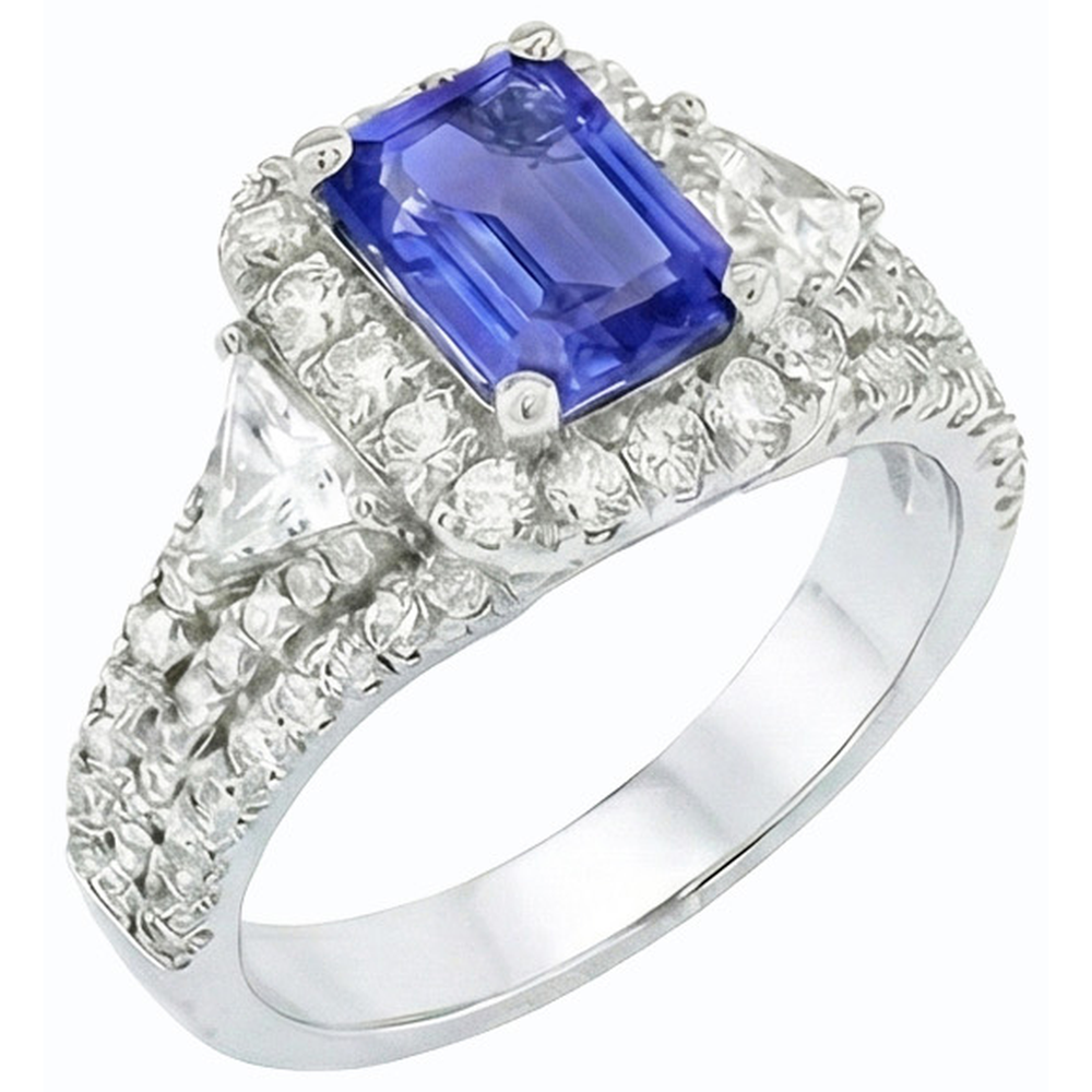Halo Blue Sapphire Ring 3 Stone Style Emerald & Natural Earth Mined Diamond ( Not Lab Grown )s 3.50 Carats