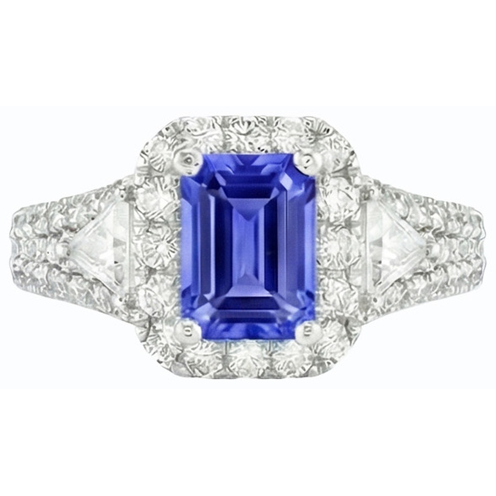 Halo Blue Sapphire Ring 3 Stone Style Emerald & Natural Earth Mined Diamond ( Not Lab Grown )s 3.50 Carats