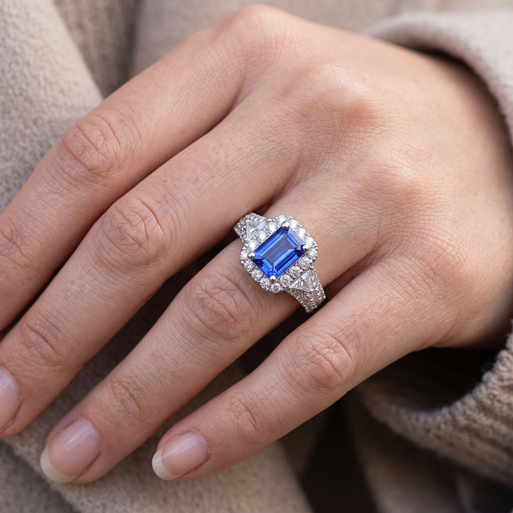 Halo Blue Sapphire Ring 3 Stone Style Emerald & Natural Earth Mined Diamond ( Not Lab Grown )s 3.50 Carats
