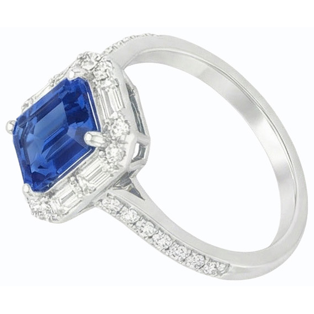 Halo Blue Sapphire Ring Baguette & Round Natural Earth Mined Diamond ( Not Lab Grown ) Jewelry 3 Carats