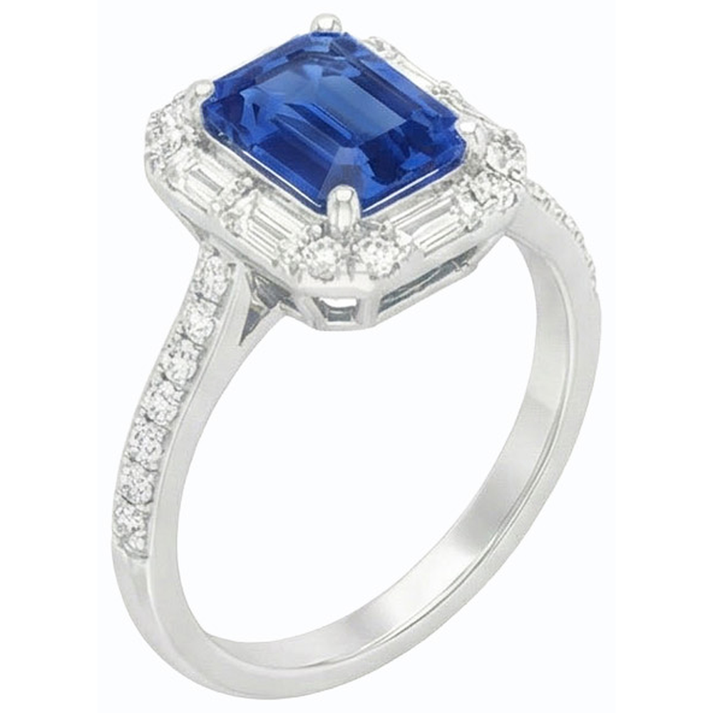 Halo Blue Sapphire Ring Baguette & Round Natural Earth Mined Diamond ( Not Lab Grown ) Jewelry 3 Carats