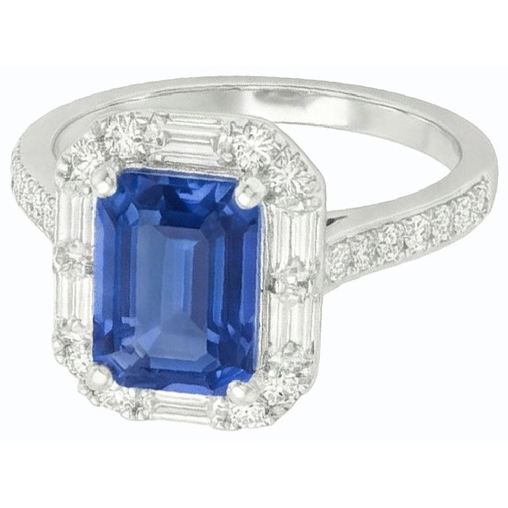 Halo Blue Sapphire Ring Baguette & Round Natural Earth Mined Diamond ( Not Lab Grown ) Jewelry 3 Carats