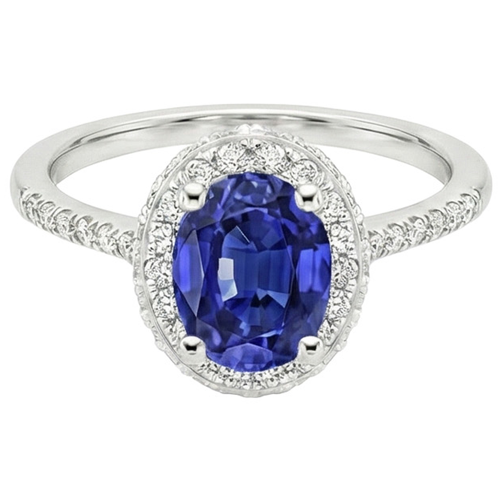 Halo Blue Sapphire Ring Oval Cut & Pave Set Natural Earth Mined Diamond ( Not Lab Grown )s 3.75 Carats