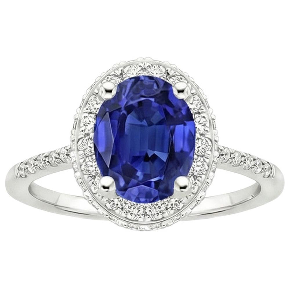 Halo Blue Sapphire Ring Oval Cut & Pave Set Natural Earth Mined Diamond ( Not Lab Grown )s 3.75 Carats