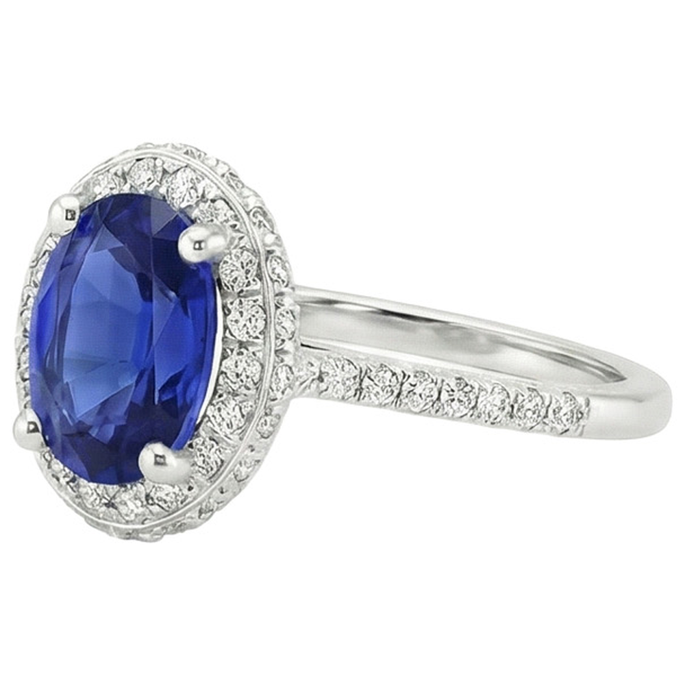 Halo Blue Sapphire Ring Oval Cut & Pave Set Natural Earth Mined Diamond ( Not Lab Grown )s 3.75 Carats