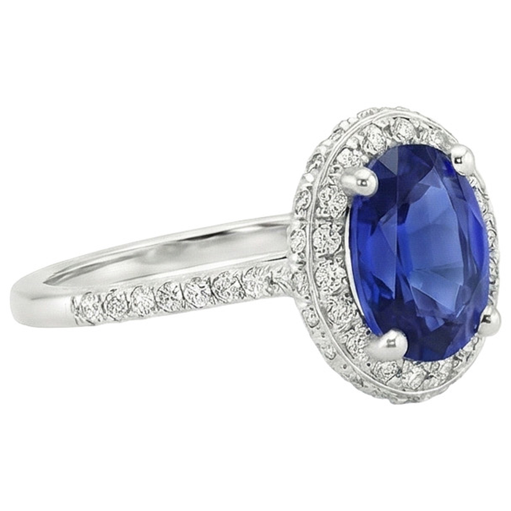 Halo Blue Sapphire Ring Oval Cut & Pave Set Natural Earth Mined Diamond ( Not Lab Grown )s 3.75 Carats