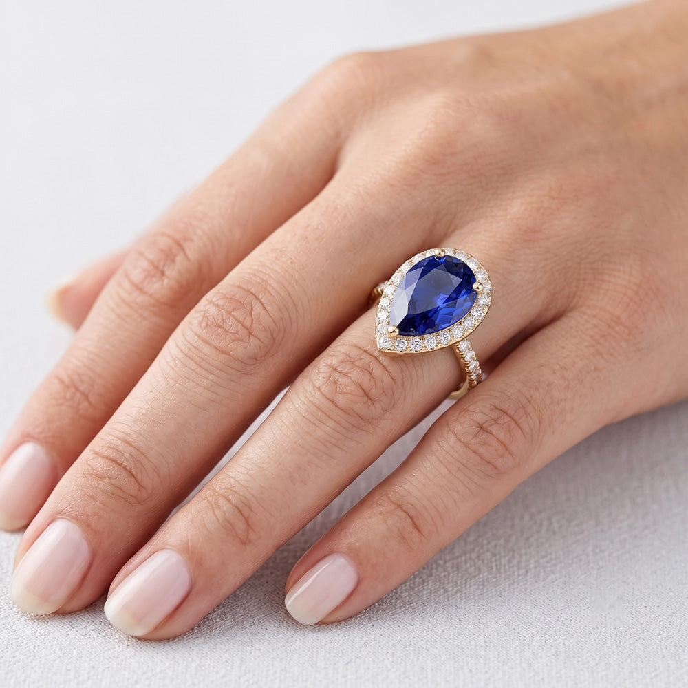 Halo Blue Sapphire Stone Ring & Round Natural Earth Mined Diamond ( Not Lab Grown )s 4.50 Carats