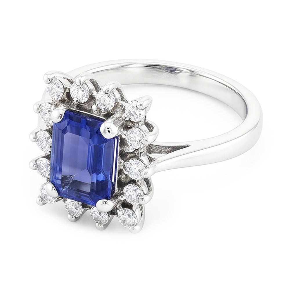 Halo Blue Sapphire Wedding Ring Emerald 2.50 Carats Flower Style