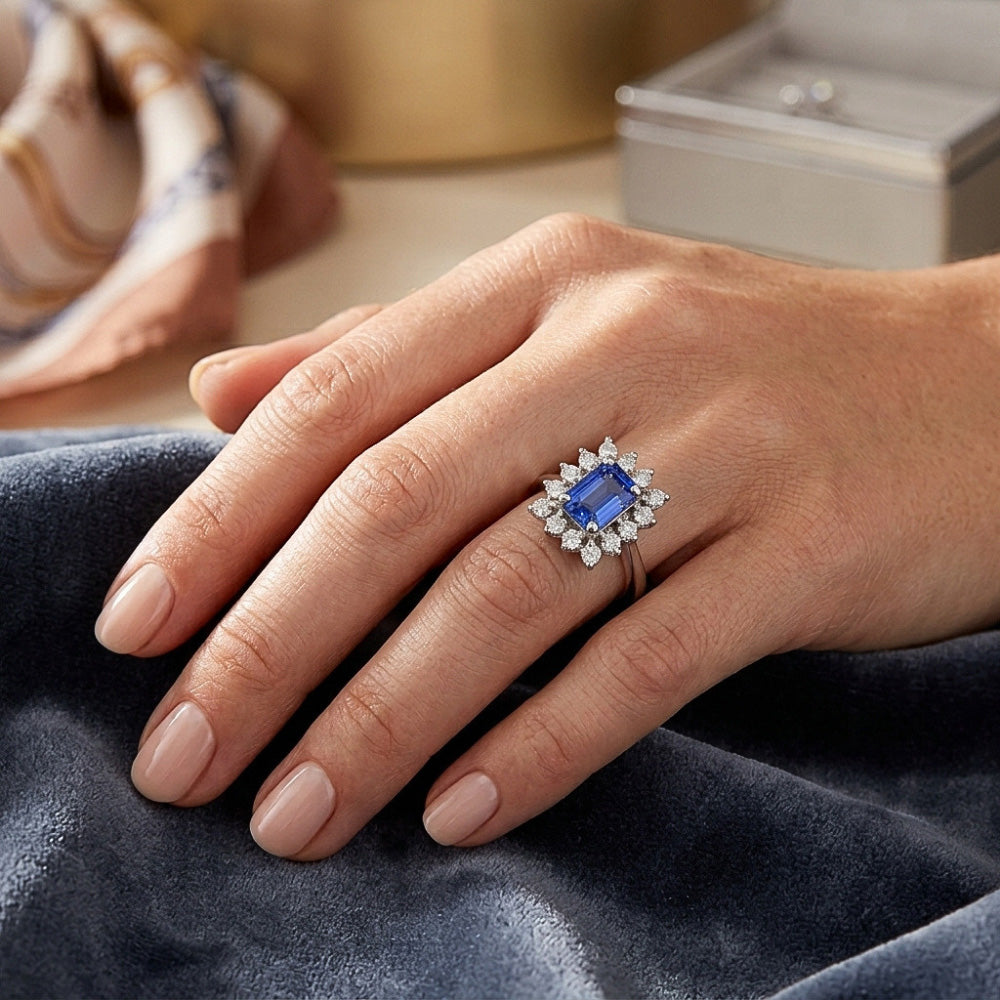 Halo Blue Sapphire Wedding Ring Emerald 2.50 Carats Flower Style